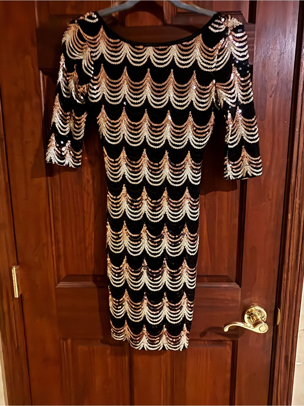 Crystal Doll Black Midi Dress with Gold Sequin Scallops
